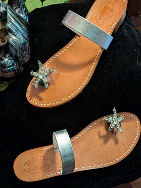 Unique VERO CUOIO Sandals -Sequined Star Toe-Italy Calfskin -Silver&Cognac -Sz41